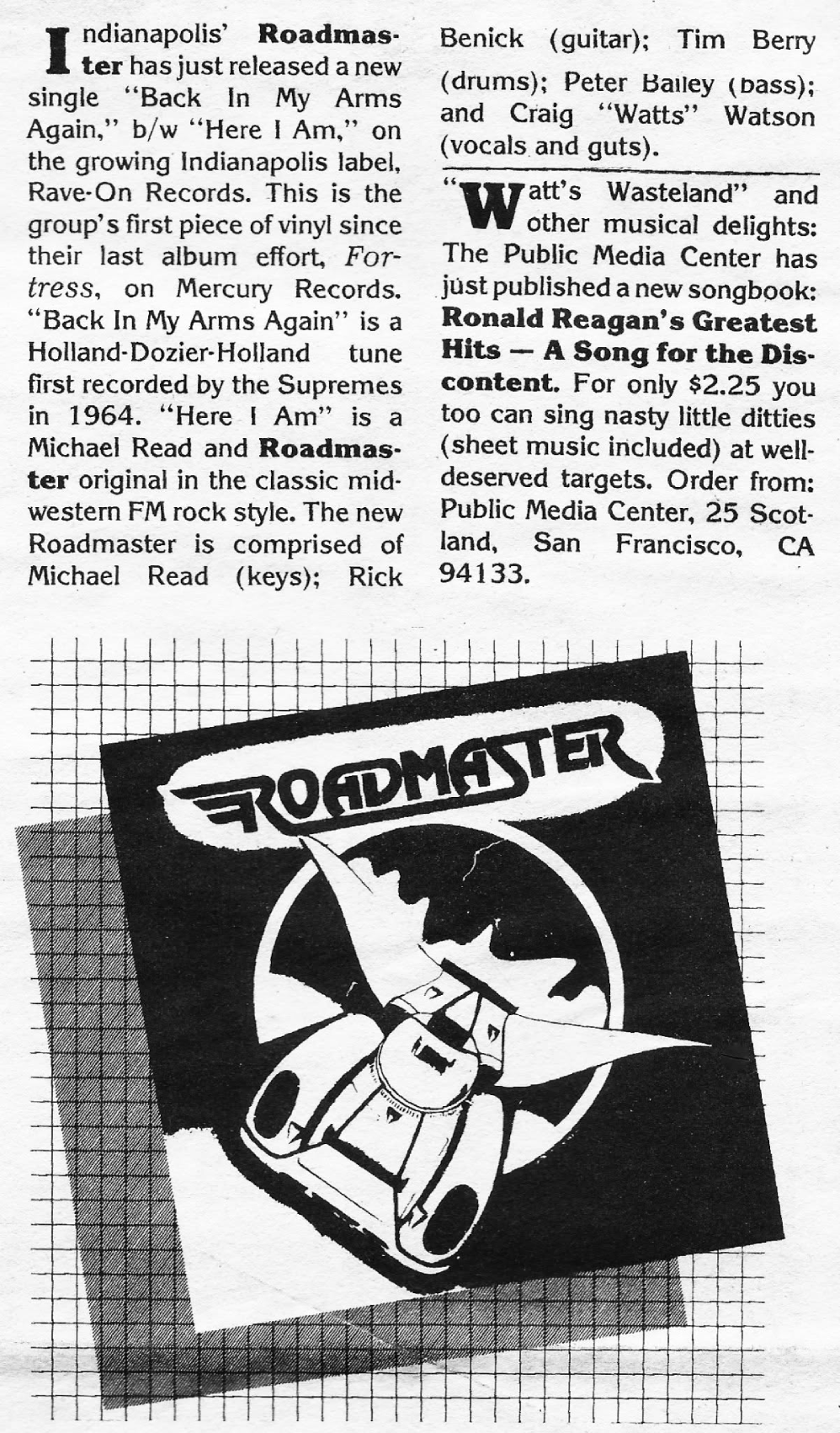 September 1982 Express Magazine article announcing Roadmaster’s Rave-On Records single Back in My Arms Again, backed with Here I Am, and introducing the band’s new lineup. Photo courtesy of Roger Baker.