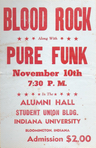Concert poster for Bloodrock with Pure Funk at Alumni Hall in the Indiana University Student Union Building on November 10. Photo courtesy of Donnie Casel.