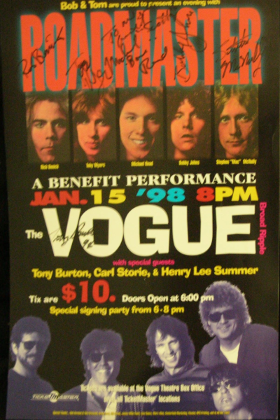 Bob & Tom presented Roadmaster in a benefit performance at the Vogue on January 15, 1998, with special guests Tony Burton, Carl Storie, and Henry Lee Summer. Photo courtesy of Scott Bee.