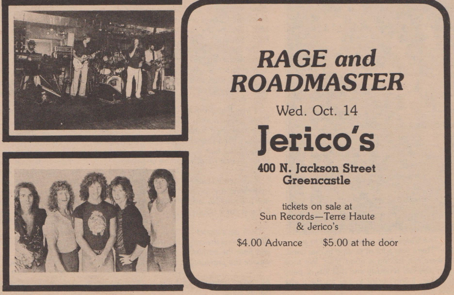 An October 1981 Hot Potato ad promotes Rage and Roadmaster appearing at Jerico’s in Greencastle, Indiana, on October 14. Photo courtesy of Brad Farber.