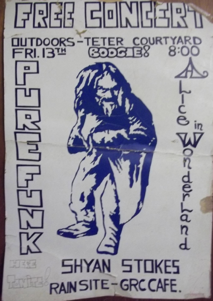 An early-1970s poster advertises a free Pure Funk concert at Indiana University, with the GRC Cafeteria at Ashton Dorm listed as the rain site. Michael Read played a Mini Moog at the performance.
