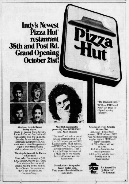 Asher Benrubi, known on the air as Adam Smasher, makes a special appearance at the October 21 grand opening of the Pizza Hut at 38th Street and Post Road in Indianapolis.