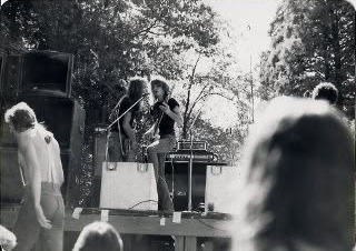 Pure Funk performing at Dunn Meadow, Indiana University, Bloomington, circa 1975. Left to right: Rick Benick, Toby Myers, and Asher Benrubi. Photo courtesy of Don Smith.