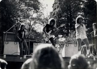 Pure Funk performing at Dunn Meadow, Indiana University, Bloomington, circa 1975. Left to right: Rick Benick on guitar, Toby Myers on bass, and Asher Benrubi on vocals. Photo courtesy of Don Smith.