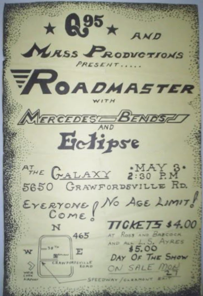 Q95 and Mass Productions present Roadmaster with Mercedes Bends and Eclipse at the Galaxy on Crawfordsville Road in Indianapolis, May 3, circa 1980.