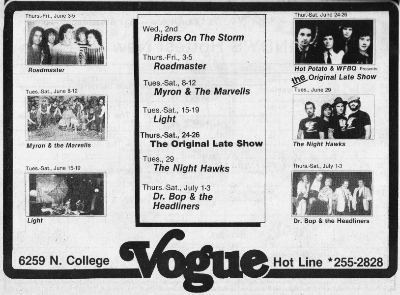 A June 1982 ad announces Roadmaster’s June 3–5 engagement at the Vogue in Indianapolis. Photo courtesy of Roger Baker.