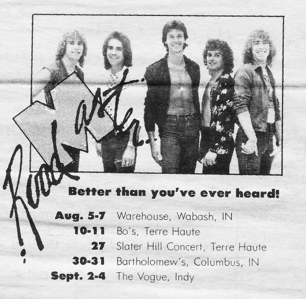 Roadmaster advertisement in the August 1982 issue of “Hot Potato” magazine, featuring a band portrait and August–September performance dates in Wabash, Terre Haute, Columbus, and Indianapolis.