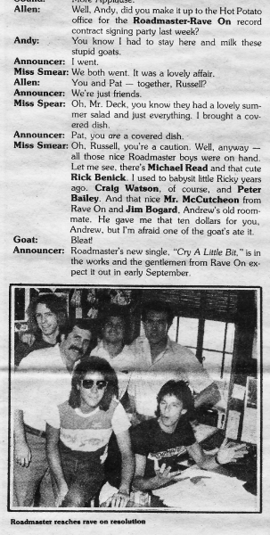 An August 1982 “Hot Potato” article covers Roadmaster’s contract signing with Rave On Records.