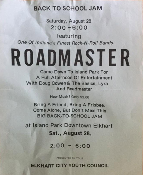 Flyer for the Back to School Jam featuring Roadmaster, Doug Cowen & the Basics, and Lyra at Island Park in downtown Elkhart, Saturday, August 28. Presented by the Elkhart City Youth Council. Image courtesy of Jeff Clausen.