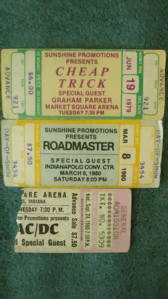 Sunshine Promotions ticket stubs for Cheap Trick with Graham Parker in 1979, Roadmaster in 1980, and AC/DC in 1980. Photo courtesy of Tom Wright.
