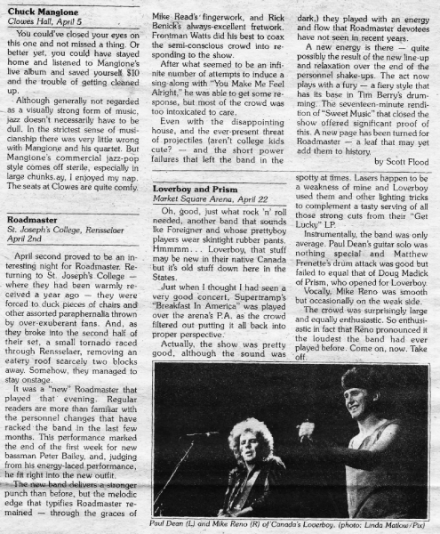 A concert review by Scott Flood covers Roadmaster’s April 2, 1982, performance at St. Joseph’s College in Rensselaer, Indiana. Photo courtesy of Roger Baker.