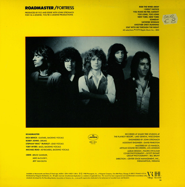 The back cover of Roadmaster’s 1980 album “Fortress”, featuring the band’s portrait, track listing, and recording credits.