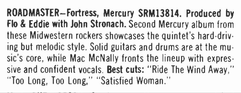 Billboard’s March 15, 1980, review praises “Fortress” for its hard-driving yet melodic style and highlights “Ride the Wind Away,” “Too Long, Too Long,” and “Satisfied Woman.” Photo courtesy of John Brian.