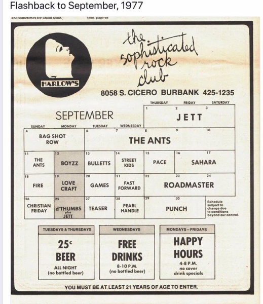 Harlow’s September 1977 calendar lists Roadmaster for September 23–24 at the Burbank, Illinois, rock club. Photo courtesy of Kathi Horsechick.