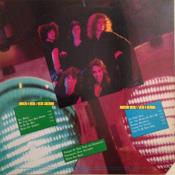 The back cover of Roadmaster’s 1979 album “Hey World”, featuring a band portrait, track listing, and production credits.