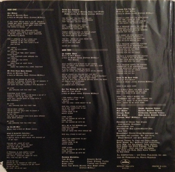 The back of the “Hey World” vinyl dust jacket features song lyrics, songwriting credits, and album personnel.