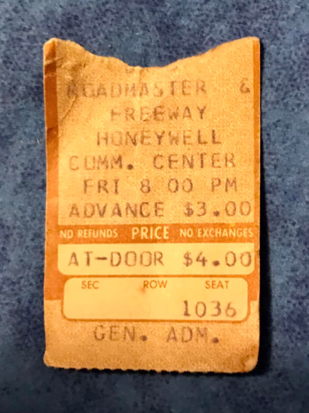 A ticket stub for Roadmaster and Freeway at the Honeywell Community Center in Wabash, Indiana. Photo courtesy of Barb Confer Hoover.