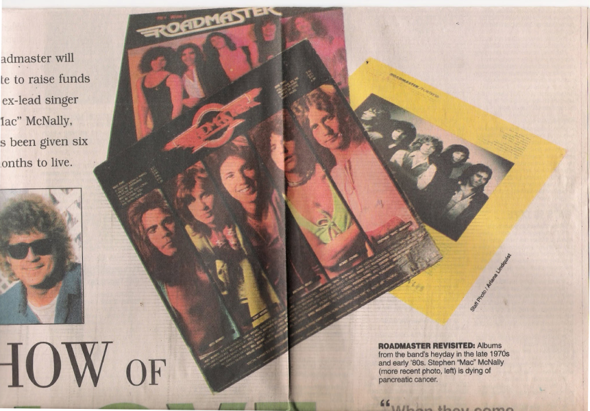 A newspaper feature revisits Roadmaster’s albums while announcing the band’s reunion benefit for former vocalist Steve “Mac” McNally, who was battling pancreatic cancer. Photo courtesy of Jim Drew.