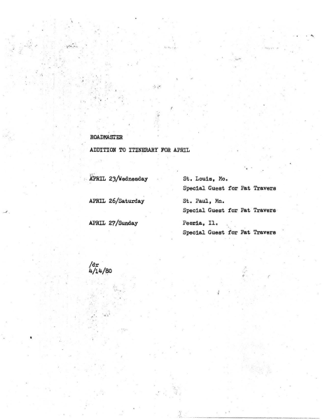 Page one of Roadmaster’s Sunshine Promotions itinerary lists April 1980 performances in St. Louis, St. Paul, and Peoria as special guest for Pat Travers.