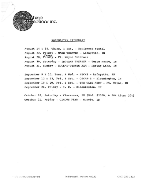 Page two of Roadmaster’s Sunshine Promotions itinerary lists performances across Indiana from August through October 1980.