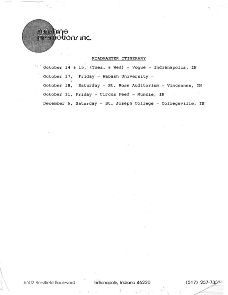 Page three of Roadmaster’s Sunshine Promotions itinerary lists performances from October through December 1980, including dates at the Vogue, Wabash University, St. Rose Auditorium, Circus Feed, and St. Joseph College.