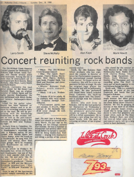 A December 18, 1988, “Kokomo Tribune” article previews the Wildcat Creek Reunion Concert and recounts Roadmaster’s history. Photo courtesy of Alan Kaye.