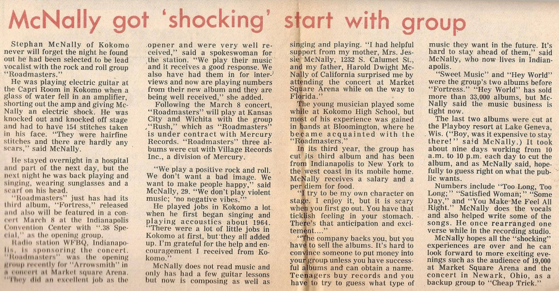 A newspaper article recounts Steve McNally’s severe onstage electrical shock and his path to becoming Roadmaster’s lead vocalist. Photo courtesy of Alan Kaye.