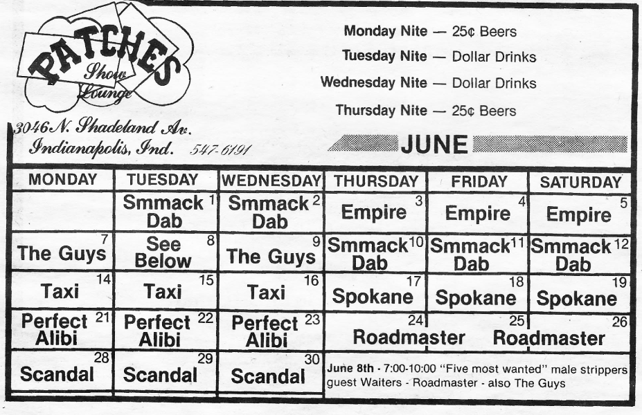 Patches Show Lounge’s June 1982 calendar lists Roadmaster for a three-night engagement, June 24–26, in Indianapolis. Photo courtesy of Roger Baker.