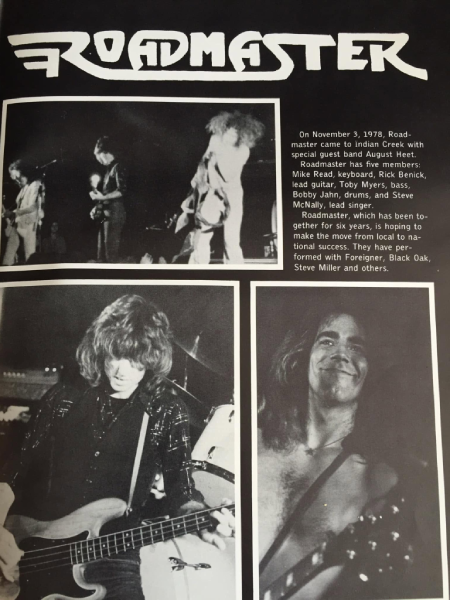 A Roadmaster profile promotes the band’s November 3, 1978, appearance at Indian Creek with special guest August Heat. It features Michael Read, Rick Benick, Toby Myers, Bobby Johns, and Steve McNally.