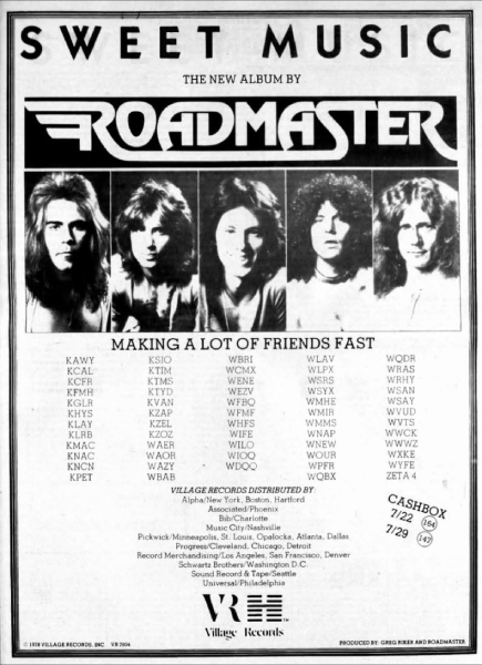A 1978 “Radio & Records” magazine advertisement promotes Roadmaster’s *Sweet Music* album and its growing radio support nationwide. Photo courtesy of John Brian.