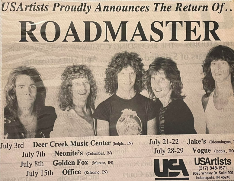 A USA Artists advertisement announces Roadmaster’s 1989 reunion tour, beginning July 3 at Deer Creek Music Center and continuing with dates across Indiana.