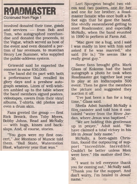 The continuation of the January 16, 1998, article details the community support behind Roadmaster’s reunion benefit and Steve “Mac” McNally’s gratitude to the fans. Clipping courtesy of Jim Drew.