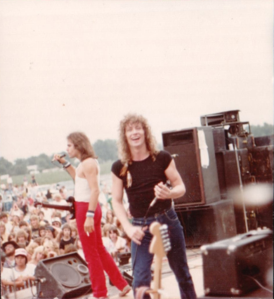 Roadmaster’s Steve McNally and Rick Benick perform at the North Drive-In in Alexandria, Indiana, in 1981. Photo by Michael Brooks.