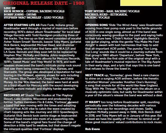 Part two of “Rock Candy” magazine’s April 2025 feature, written by Rob Evans, recounts Roadmaster’s history and reviews the songs and production of “Fortress.” Photo courtesy of John Watson.
