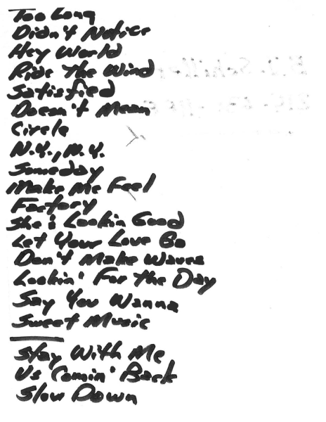 A handwritten setlist from a Roadmaster club performance during the “Fortress” tour. Photo courtesy of Jeff Van Duyn.