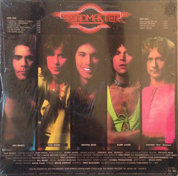 The back cover of Roadmaster’s 1978 album “Sweet Music”, featuring band portraits, the track listing, and album credits.