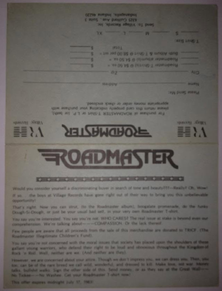 Roadmaster T-shirt order form and fan club membership flyer. Photo courtesy of Bruce Sandler.