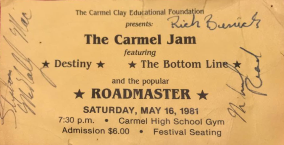 An autographed ticket for the Carmel Jam featuring Roadmaster, Destiny, and the Bottom Line at Carmel High School on May 16, 1981. Photo courtesy of Pam Ferrin Rhoades.