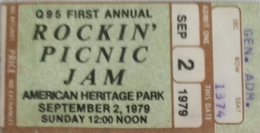 A ticket stub for Q95’s first annual Rockin’ Picnic Jam, featuring Roadmaster at American Heritage Park on September 2, 1979. Photo courtesy of Eric Chenault.