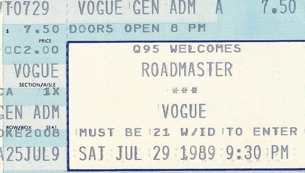 A ticket stub for Q95’s presentation of Roadmaster at the Vogue on July 29, 1989. Photo courtesy of Randall Halcomb.