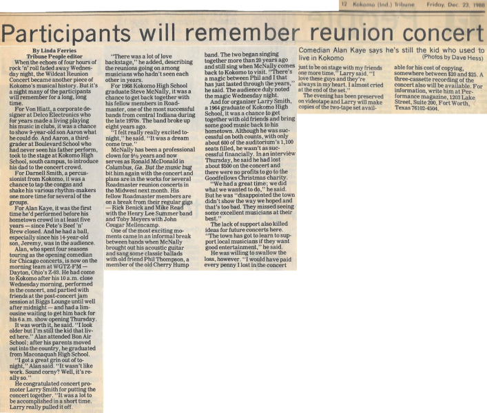 “Kokomo Tribune” article previewing the 1988 Wildcat Reunion concert, which brought together musicians from Kokomo’s 1970s music scene. Photo courtesy of Alan Kaye.