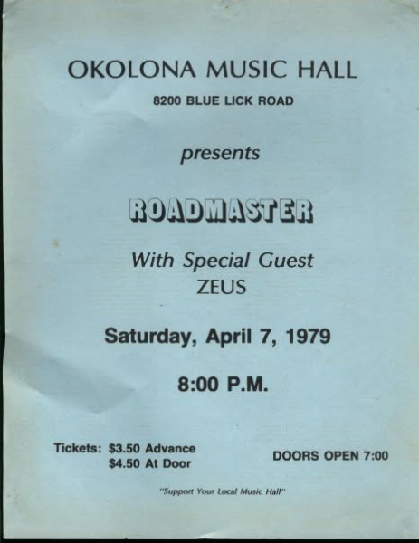 Concert poster for Roadmaster with special guest Zeus at Okolona Music Hall on April 7, 1979.
