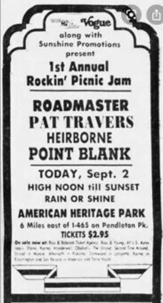 Advertisement for Sunshine Promotions’ First Annual Rockin’ Picnic Jam featuring Roadmaster, Pat Travers, Heirborne and Point Blank at American Heritage Park on September 2. Photo courtesy of Joe Williams.