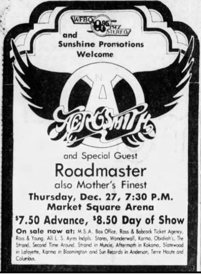 Advertisement for Sunshine Promotions’ presentation of Aerosmith with special guest Roadmaster and Mother’s Finest at Market Square Arena on December 27, 1979. Photo courtesy of Jeff Glover.
