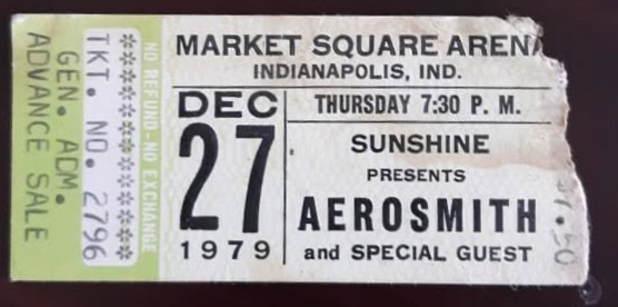 Ticket stub for Sunshine Promotions’ presentation of Aerosmith with special guest Roadmaster at Market Square Arena on December 27, 1979. Photo courtesy of David Gardner.