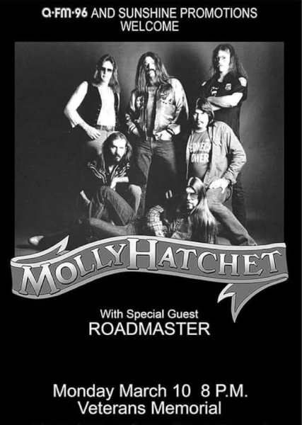 Concert poster for Sunshine Promotions’ presentation of Molly Hatchet with special guest Roadmaster at Veterans Memorial on March 10.