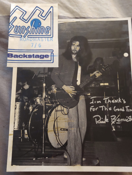 Autographed performance photo of Roadmaster guitarist Ricky Benick with a Sunshine backstage pass from July 6, 1978. Photo courtesy of Jimmy Drew.