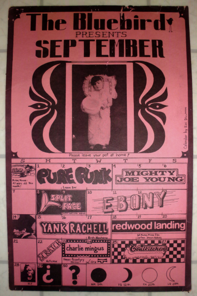 The Bluebird’s September 1975 entertainment calendar featuring Pure Funk.