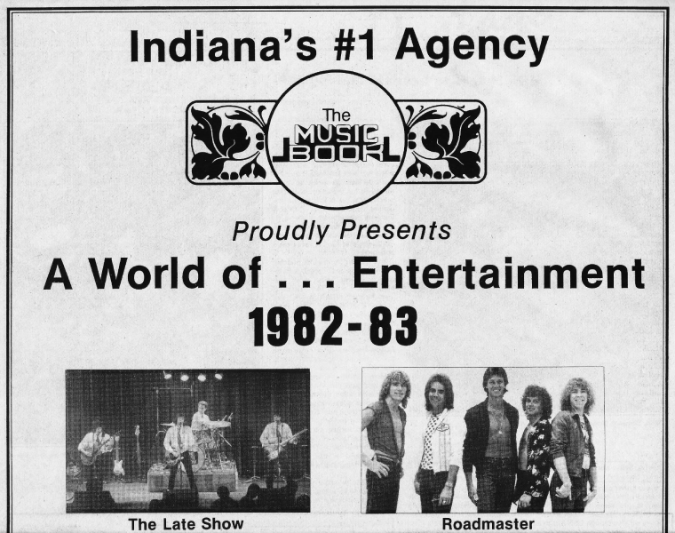 The Music Book agency advertisement featuring The Late Show and Roadmaster in its 1982–83 entertainment roster. Photo courtesy of Roger Baker.
