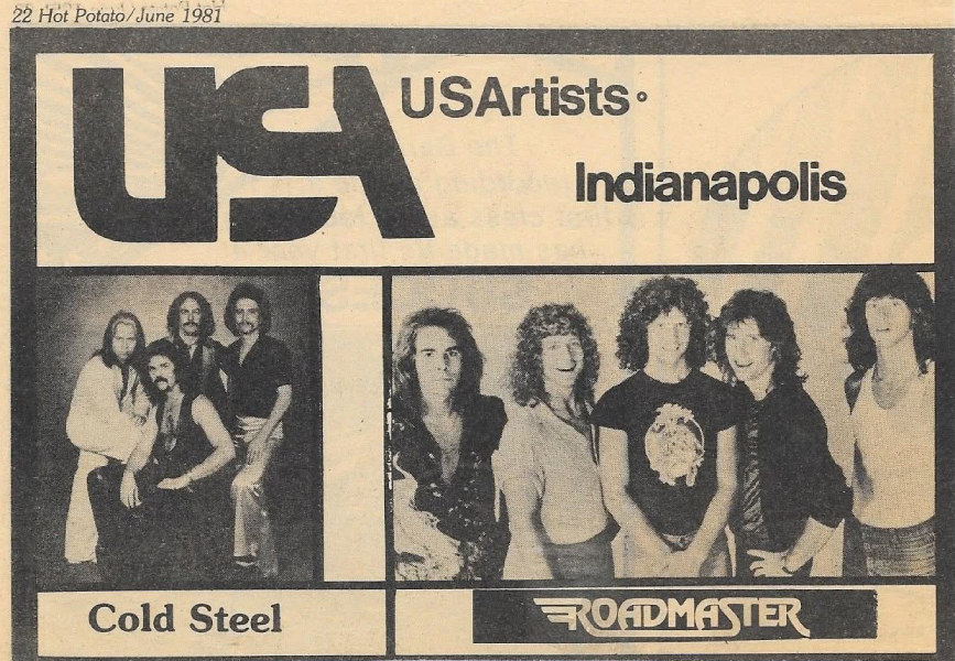June 1981 USArtists advertisement featuring Indianapolis bands Cold Steel and Roadmaster. Photo courtesy of Alan Kaye.